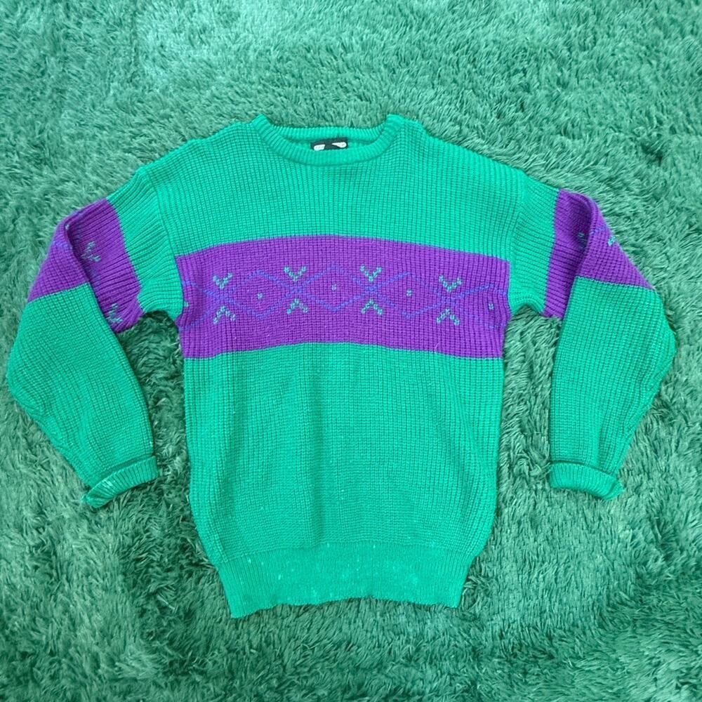 80s Potomac Collection Sweater Green | Purple Acrylic Geometric crewneck Sz Med